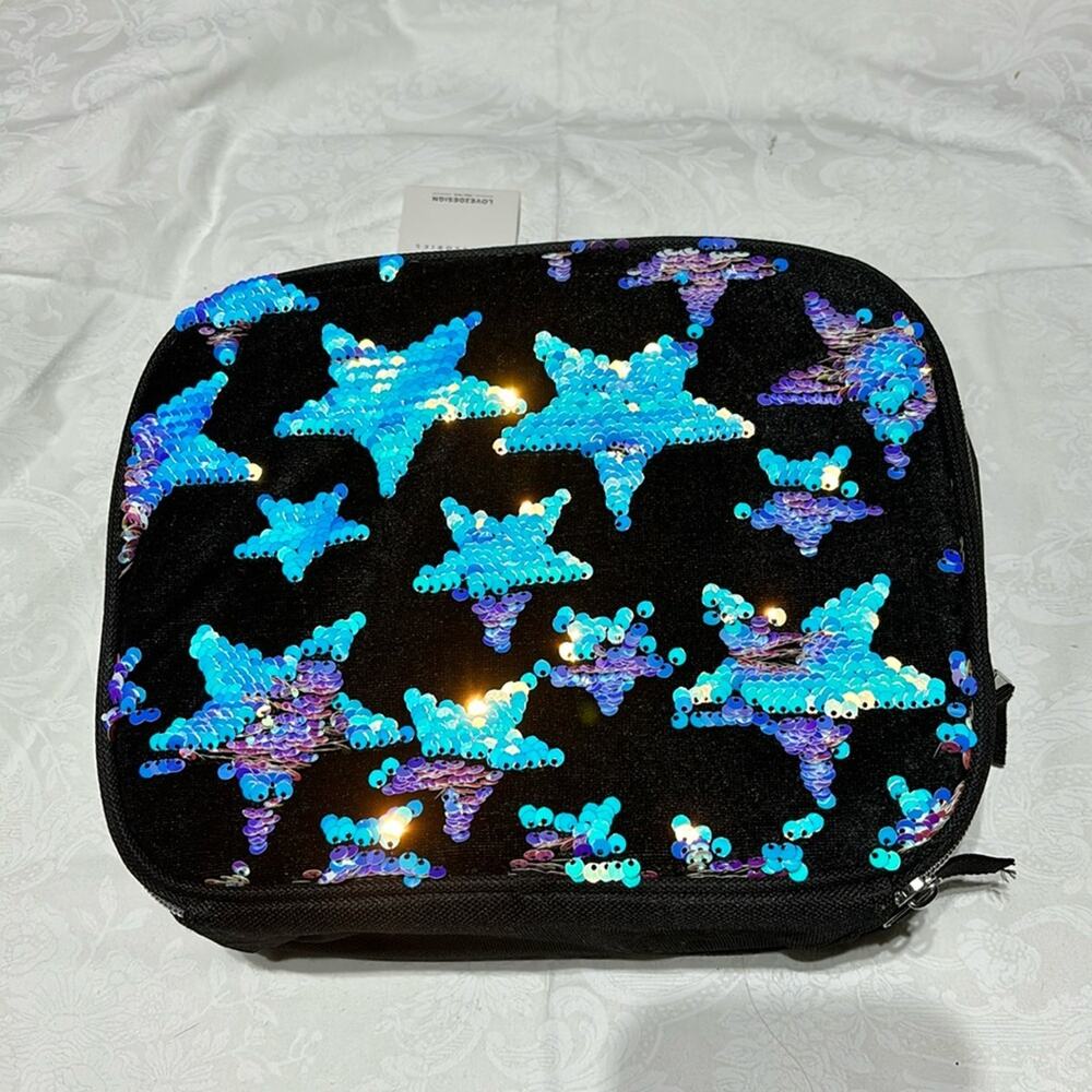 Love2Design black satin lunch box glimmer stars sequins flip insulated NWT